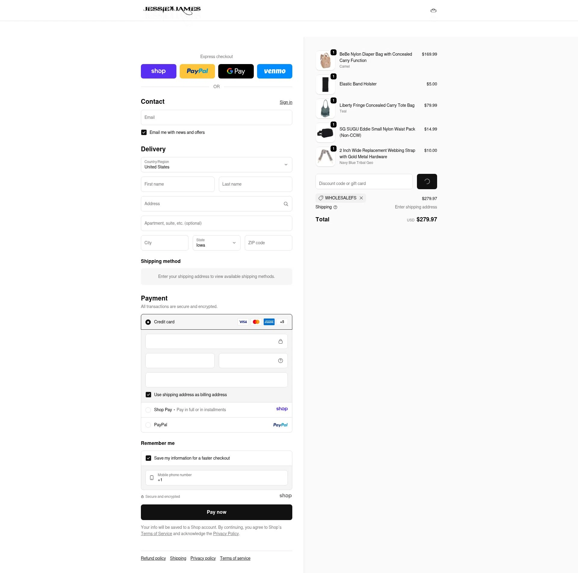 Jessie James Handbags checkout page showing Jessie James Handbags promo code box | Screenshot taken by SimplyCodes community member on Dec 28, 2025