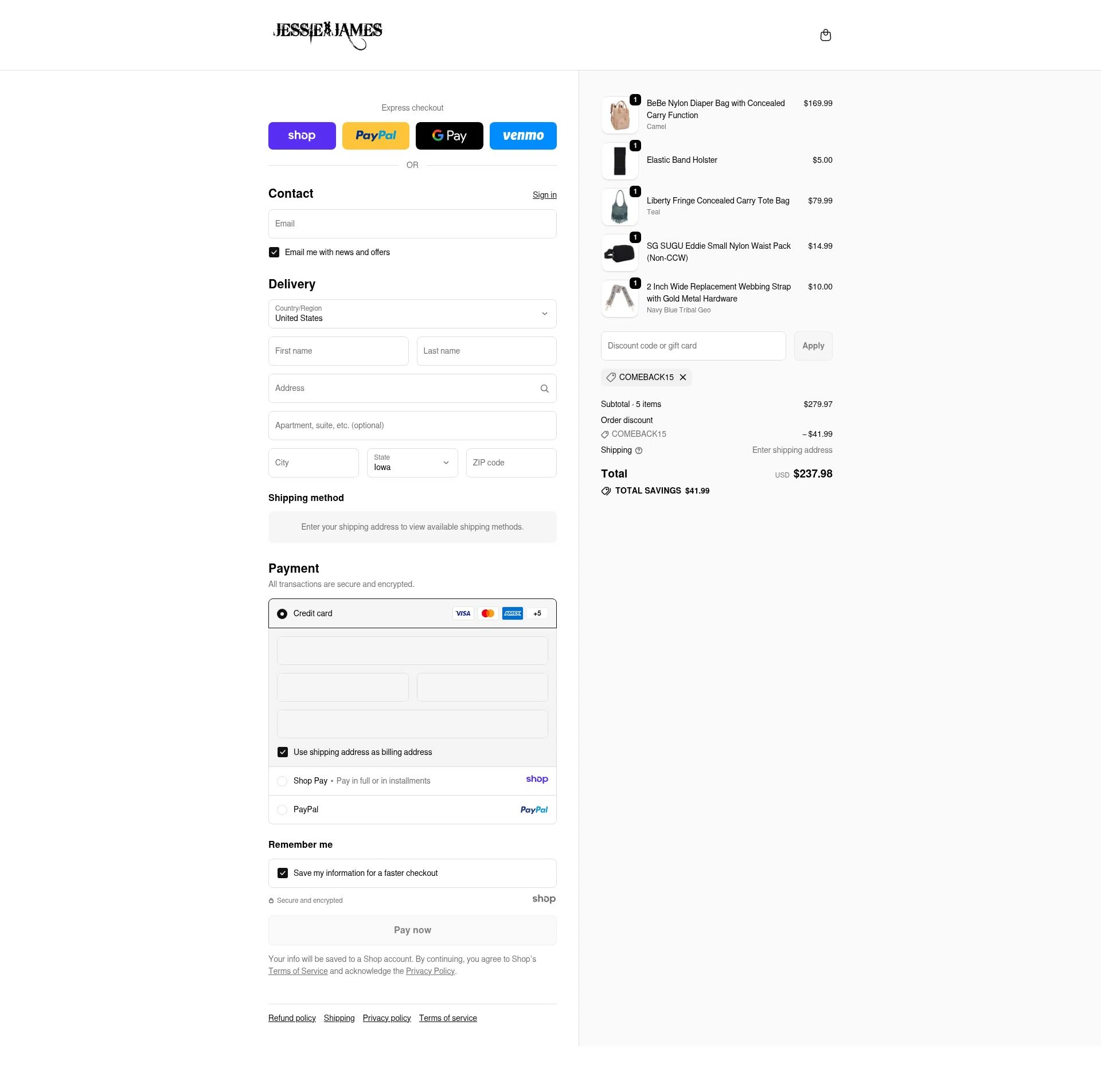 Jessie James Handbags checkout page showing Jessie James Handbags promo code box | Screenshot taken by SimplyCodes community member on Dec 28, 2025
