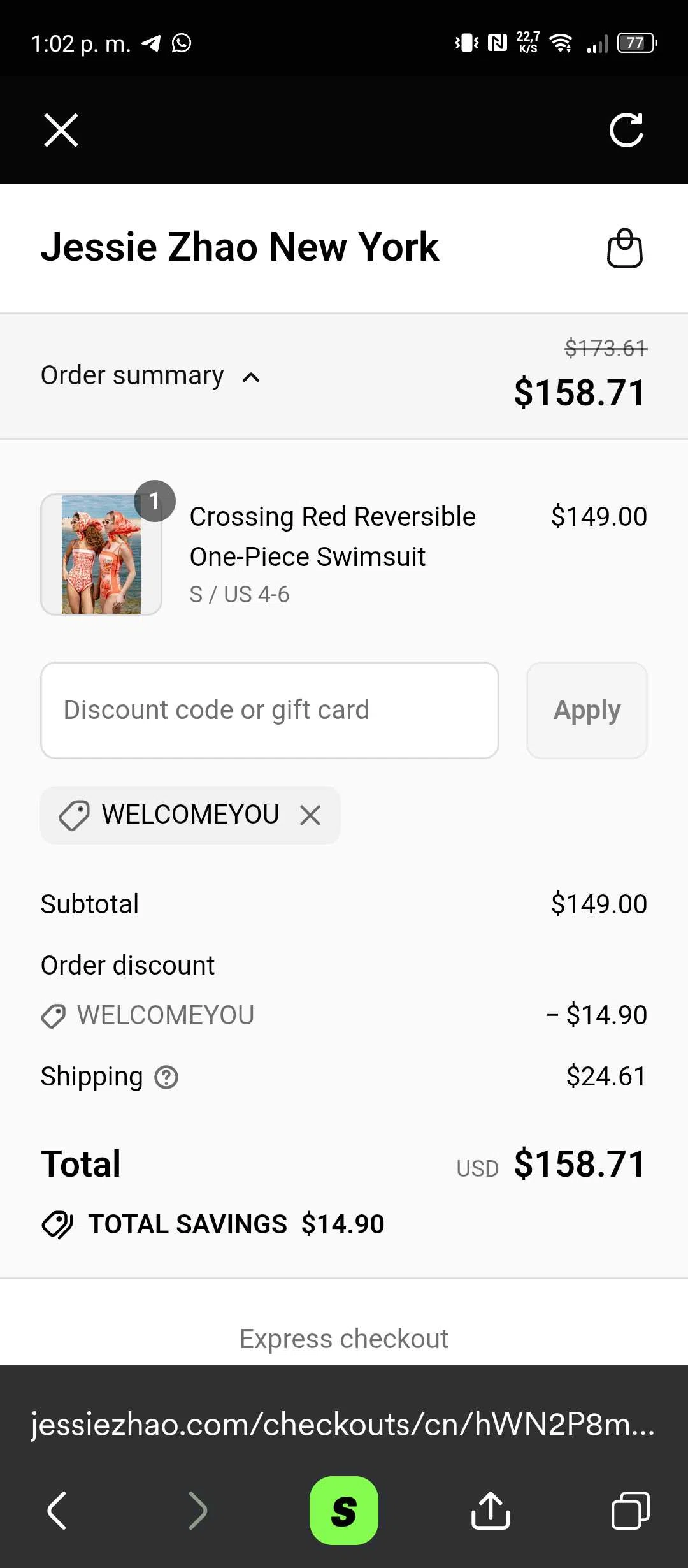 Jessie Zhao New York promo code screenshot showing code WELCOMEYOU applied at Jessie Zhao New York checkout page. Uploaded by SimplyCodes community member luisdavid on Aug 30, 2025