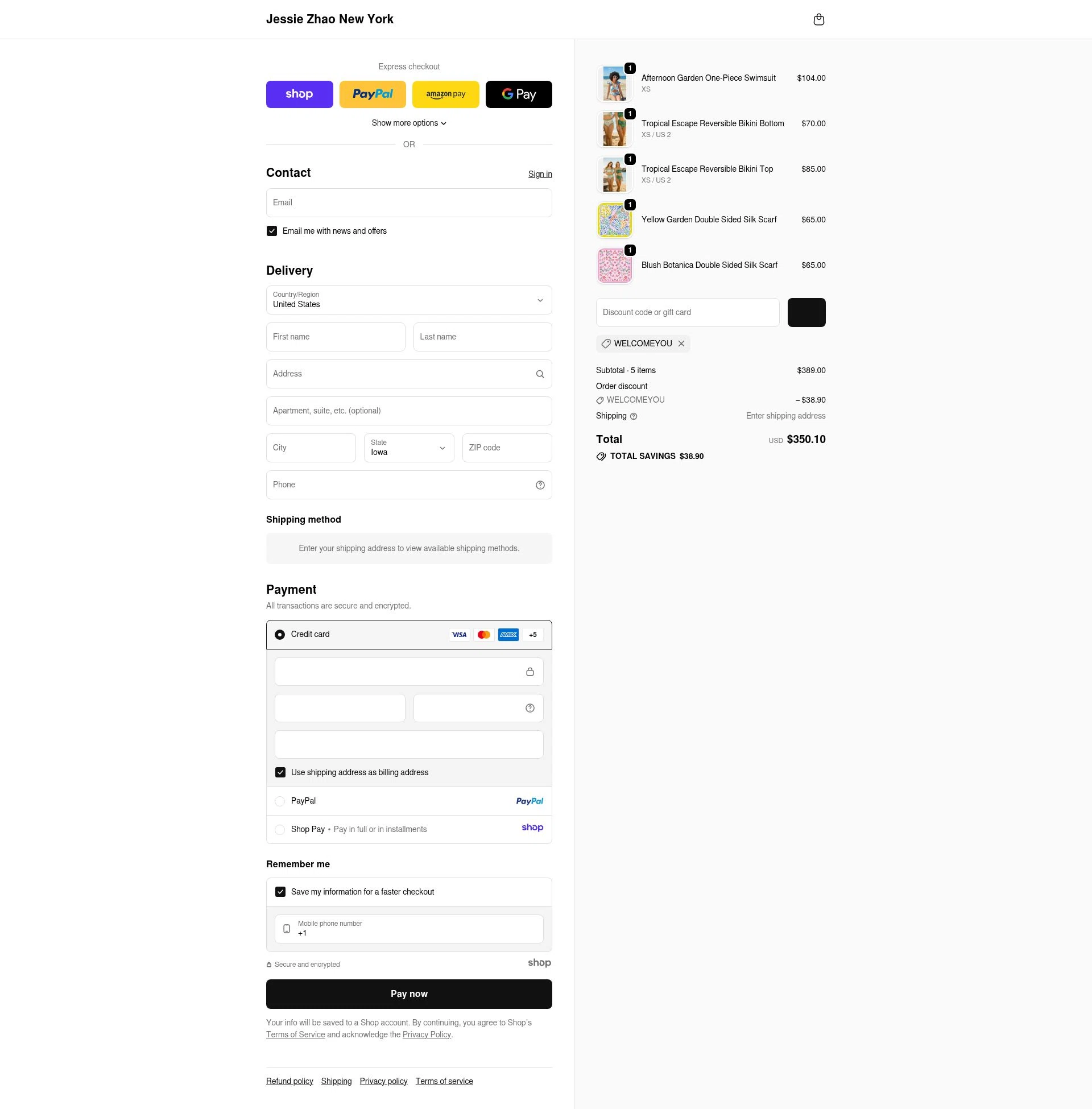 Jessie Zhao New York checkout page showing Jessie Zhao New York promo code box | Screenshot taken by SimplyCodes community member on Dec 16, 2025
