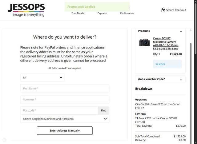 Jessops checkout page showing Jessops discount code box | Screenshot taken by SimplyCodes community member on Aug 28, 2025