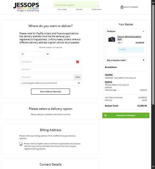 Jessops checkout page showing Jessops discount code box | Screenshot taken by SimplyCodes community member on Jul 29, 2025