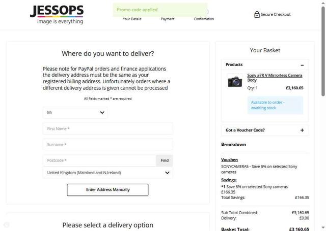 Jessops checkout page showing Jessops discount code box | Screenshot taken by SimplyCodes community member on Jul 29, 2025