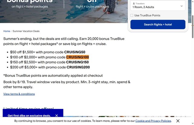 JetBlue Vacations checkout page showing JetBlue Vacations promo code box | Screenshot taken by SimplyCodes community member on Aug 11, 2025