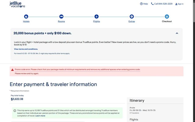 JetBlue Vacations checkout page showing JetBlue Vacations promo code box | Screenshot taken by SimplyCodes community member on Aug 29, 2025