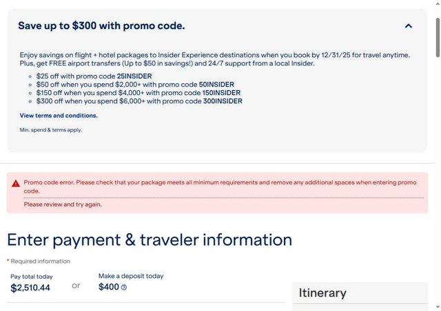 JetBlue Vacations checkout page showing JetBlue Vacations promo code box | Screenshot taken by SimplyCodes community member on Jun 18, 2025