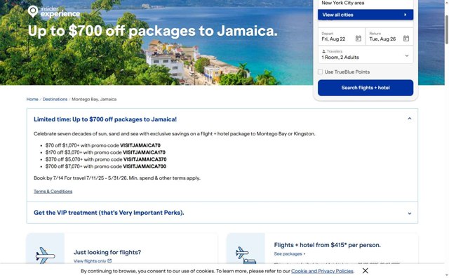 JetBlue Vacations checkout page showing JetBlue Vacations promo code box | Screenshot taken by SimplyCodes community member on Jul 11, 2025