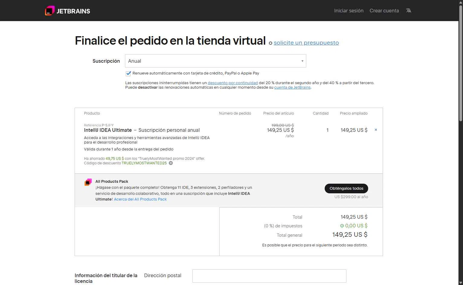 JetBrains checkout page showing JetBrains discount code box | Screenshot taken by SimplyCodes community member on Jan 10, 2026