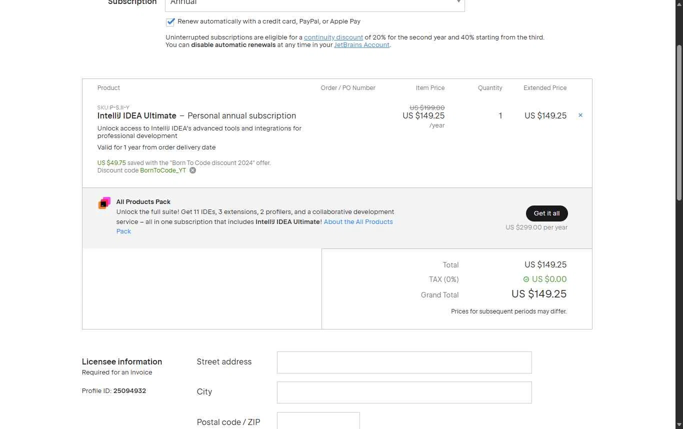 JetBrains checkout page showing JetBrains discount code box | Screenshot taken by SimplyCodes community member on Jan 4, 2026