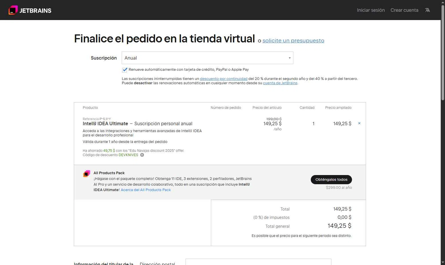 JetBrains checkout page showing JetBrains discount code box | Screenshot taken by SimplyCodes community member on Dec 9, 2025