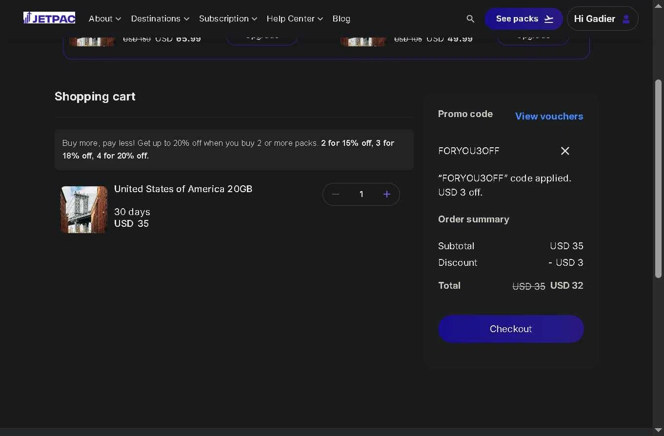 Jetpac checkout page showing Jetpac promo code box | Screenshot taken by SimplyCodes community member on Feb 12, 2026