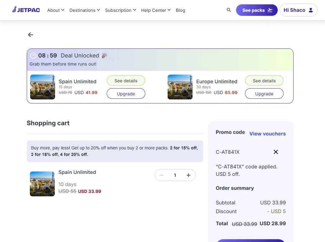 Jetpac checkout page showing Jetpac promo code box | Screenshot taken by SimplyCodes community member on Feb 12, 2026