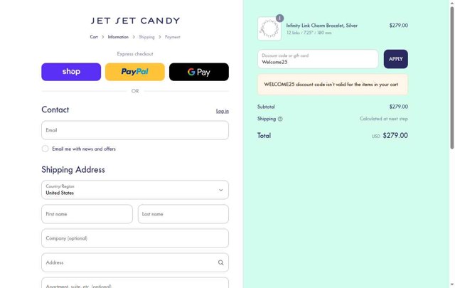 Jet Set Candy checkout page showing Jet Set Candy discount code box | Screenshot taken by SimplyCodes community member on Sep 2, 2025