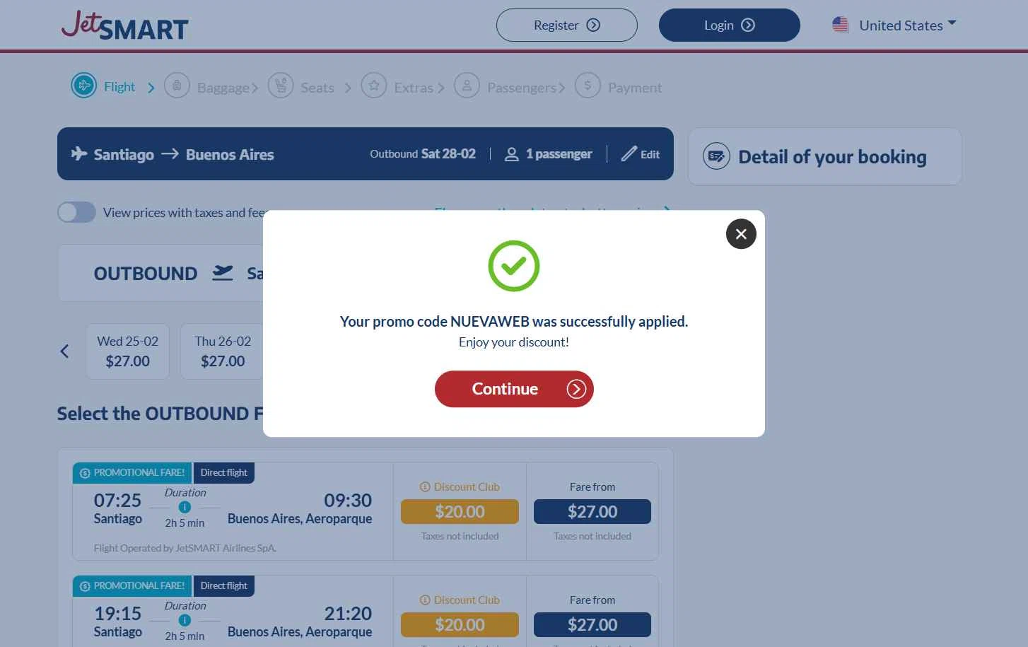 JetSMART checkout page showing JetSMART promo code box | Screenshot taken by SimplyCodes community member on Feb 10, 2026