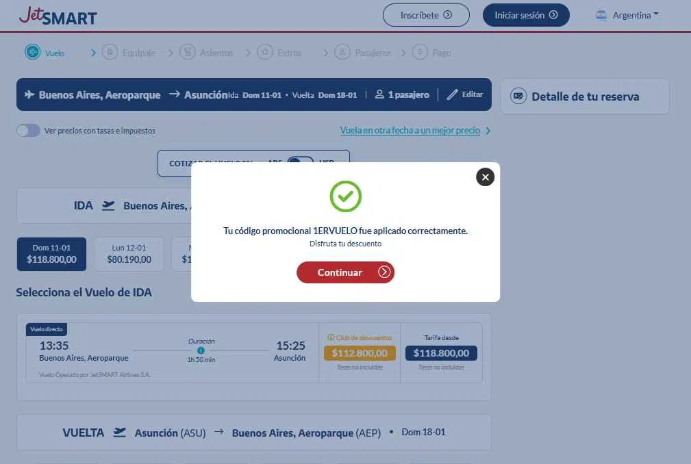 JetSMART checkout page showing JetSMART promo code box | Screenshot taken by SimplyCodes community member on Jan 11, 2026