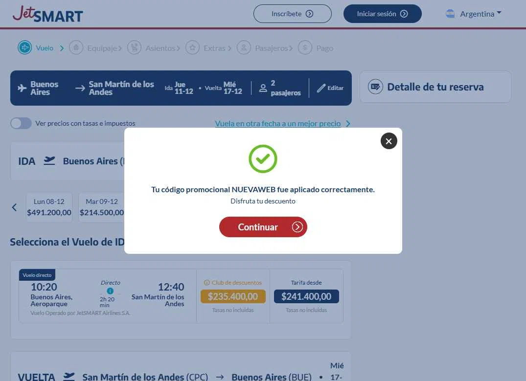 JetSMART checkout page showing JetSMART promo code box | Screenshot taken by SimplyCodes community member on Dec 6, 2025