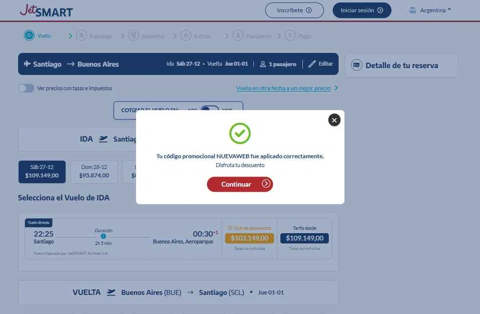 JetSMART checkout page showing JetSMART promo code box | Screenshot taken by SimplyCodes community member on Dec 27, 2025
