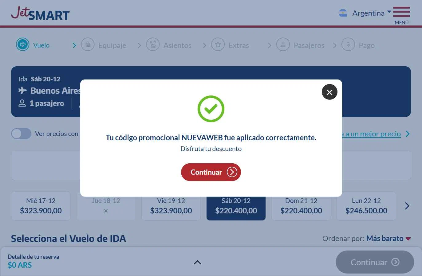 JetSMART checkout page showing JetSMART promo code box | Screenshot taken by SimplyCodes community member on Dec 17, 2025