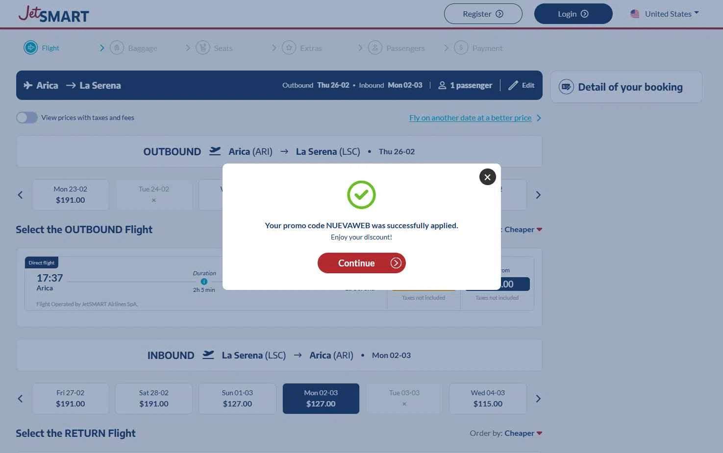 JetSMART checkout page showing JetSMART promo code box | Screenshot taken by SimplyCodes community member on Feb 17, 2026
