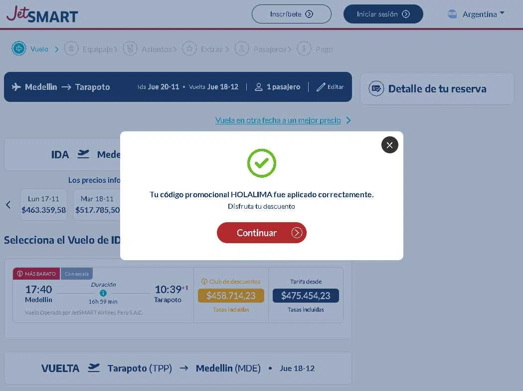 JetSMART checkout page showing JetSMART promo code box | Screenshot taken by SimplyCodes community member on Nov 11, 2025