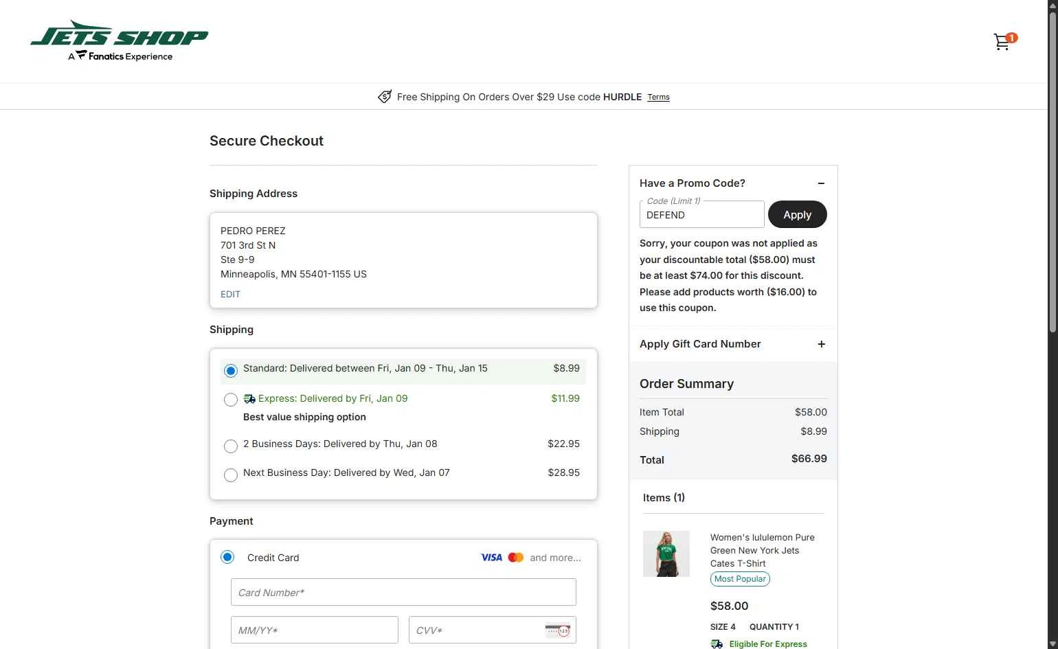 Jets Shop checkout page showing Jets Shop promo code box | Screenshot taken by SimplyCodes community member on Jan 6, 2026