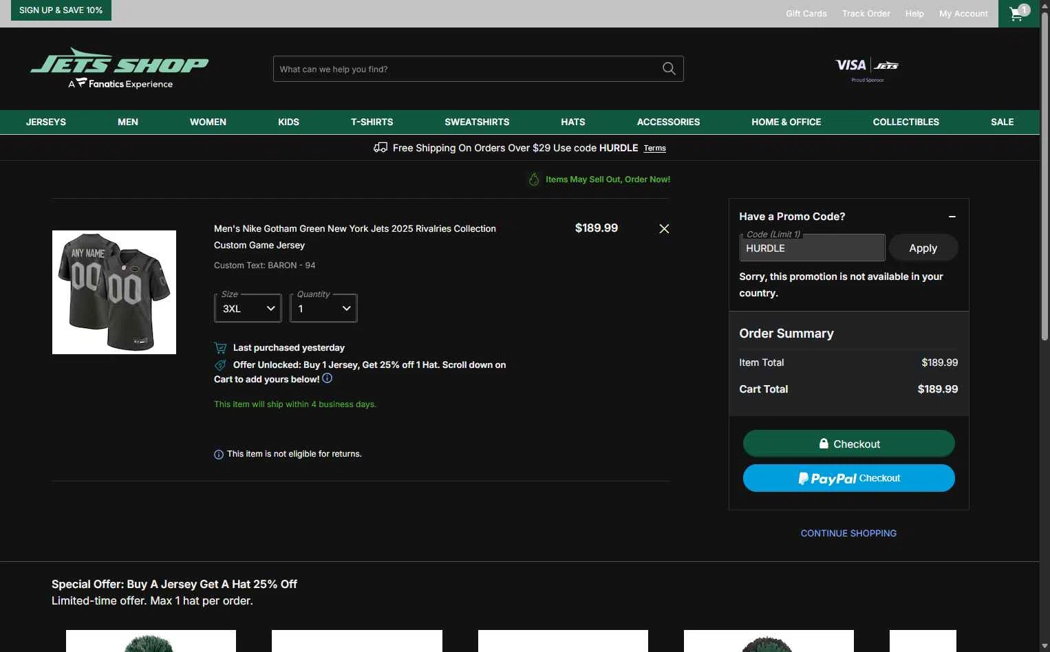 Jets Shop checkout page showing Jets Shop promo code box | Screenshot taken by SimplyCodes community member on Jan 31, 2026