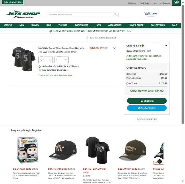 Jets Shop checkout page showing Jets Shop promo code box | Screenshot taken by SimplyCodes community member on Dec 2, 2025