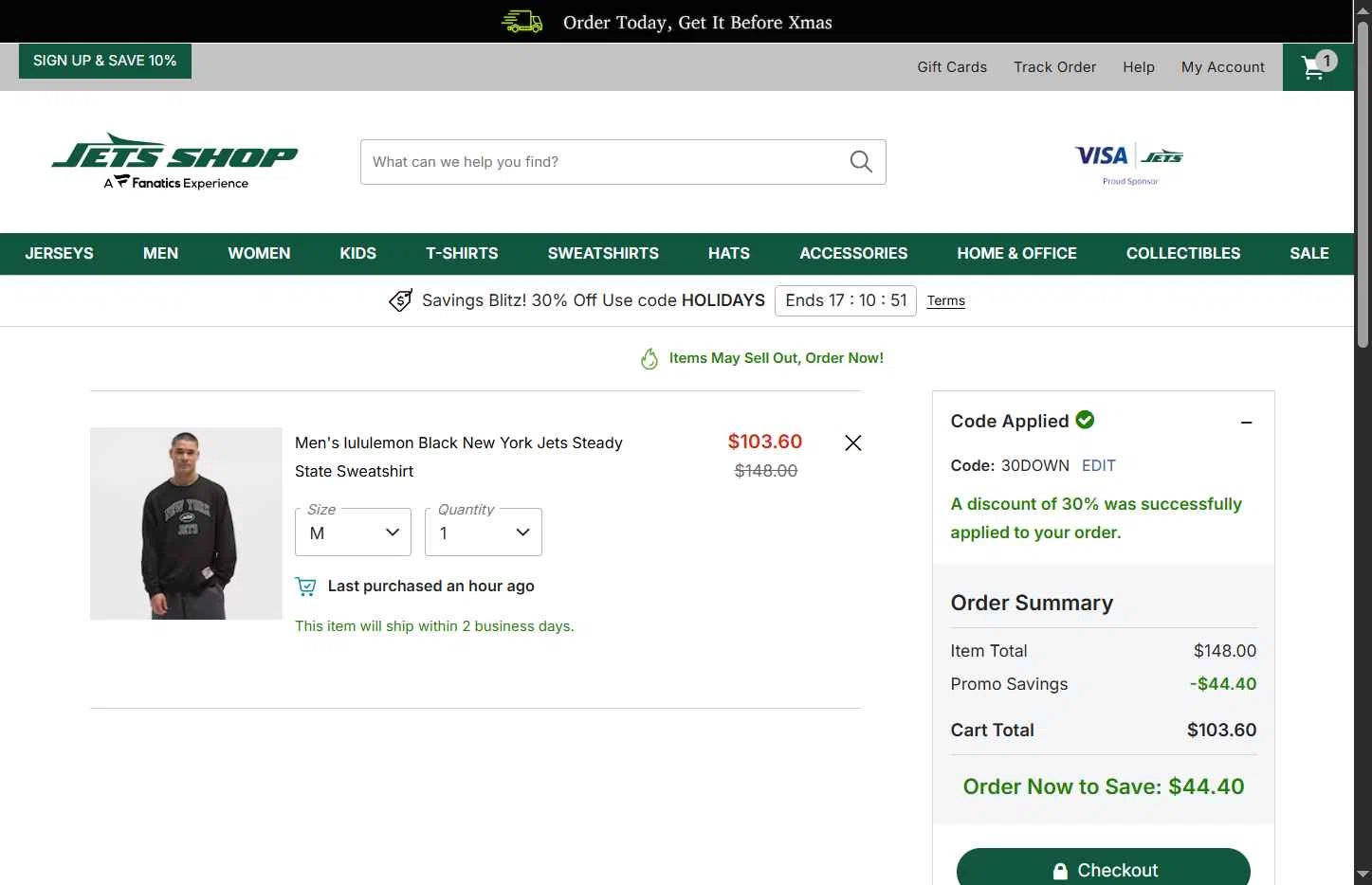 Jets Shop checkout page showing Jets Shop promo code box | Screenshot taken by SimplyCodes community member on Dec 15, 2025