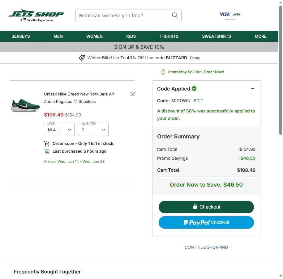 Jets Shop checkout page showing Jets Shop promo code box | Screenshot taken by SimplyCodes community member on Dec 26, 2025