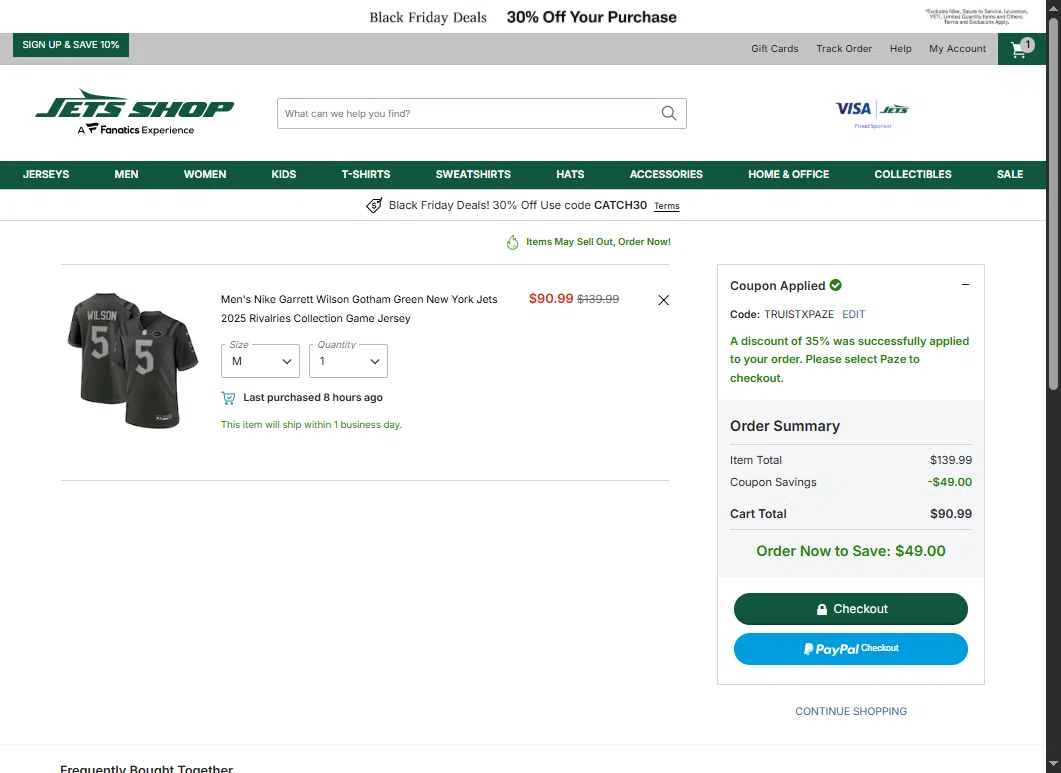 Jets Shop checkout page showing Jets Shop promo code box | Screenshot taken by SimplyCodes community member on Nov 20, 2025