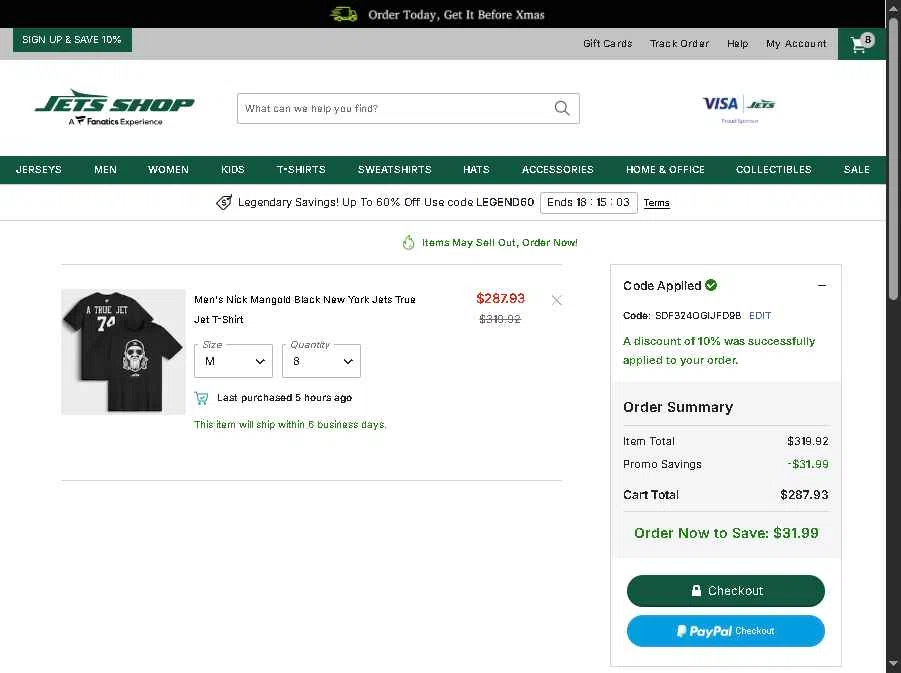 Jets Shop checkout page showing Jets Shop promo code box | Screenshot taken by SimplyCodes community member on Dec 14, 2025