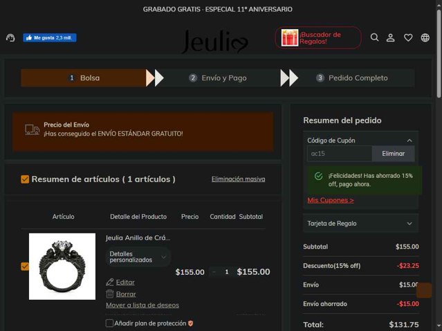 Jeulia checkout page showing Jeulia coupon code box | Screenshot taken by SimplyCodes community member on Sep 3, 2025