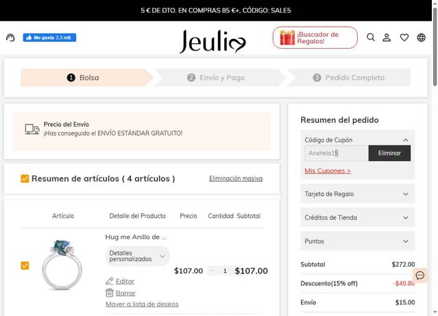 Jeulia checkout page showing Jeulia coupon code box | Screenshot taken by SimplyCodes community member on Sep 3, 2025
