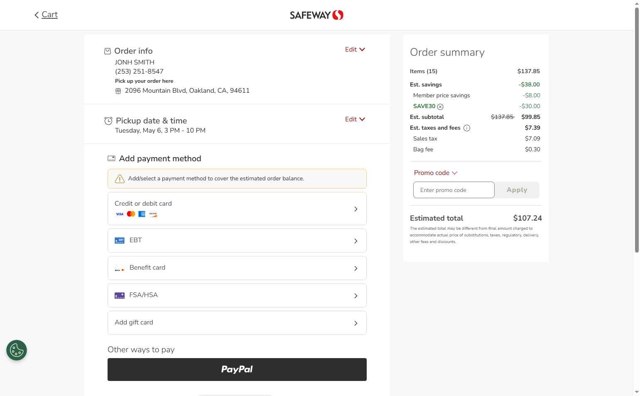 Jewel Osco checkout page showing Jewel Osco promo code box | Screenshot taken by SimplyCodes community member on May 6, 2025