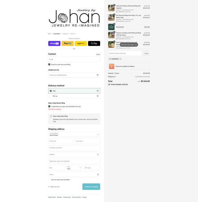 Jewelry by Johan checkout page showing Jewelry by Johan promo code box | Screenshot taken by SimplyCodes community member on Aug 11, 2025