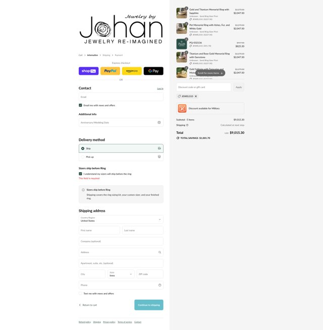 Jewelry by Johan checkout page showing Jewelry by Johan promo code box | Screenshot taken by SimplyCodes community member on Aug 15, 2025