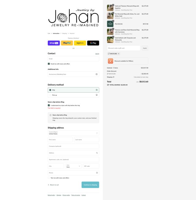 Jewelry by Johan checkout page showing Jewelry by Johan promo code box | Screenshot taken by SimplyCodes community member on Aug 15, 2025