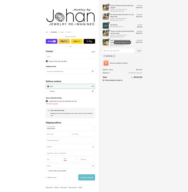 Jewelry by Johan checkout page showing Jewelry by Johan promo code box | Screenshot taken by SimplyCodes community member on Aug 11, 2025