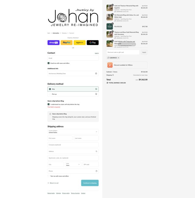 Jewelry by Johan checkout page showing Jewelry by Johan promo code box | Screenshot taken by SimplyCodes community member on Aug 15, 2025