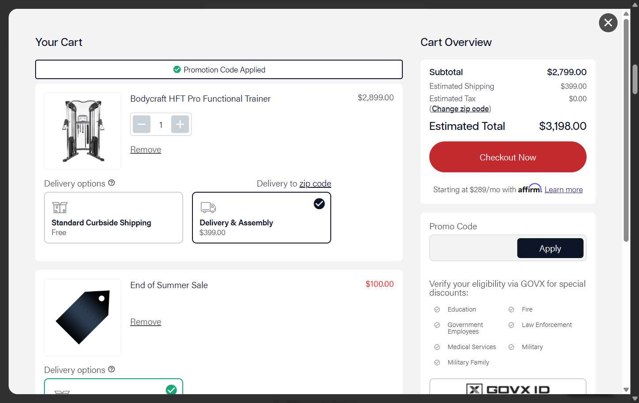 Johnson Fitness and Wellness checkout page showing Johnson Fitness and Wellness promo code box | Screenshot taken by SimplyCodes community member on Sep 4, 2025
