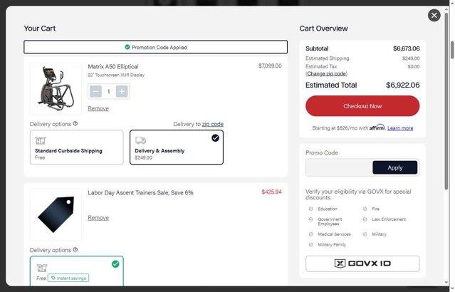 Johnson Fitness and Wellness checkout page showing Johnson Fitness and Wellness promo code box | Screenshot taken by SimplyCodes community member on Sep 4, 2025
