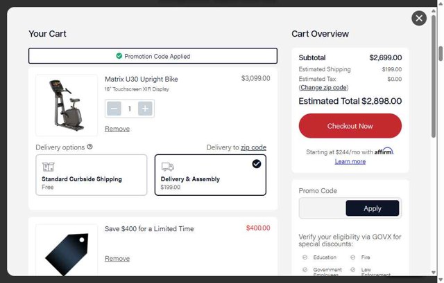 Johnson Fitness and Wellness checkout page showing Johnson Fitness and Wellness promo code box | Screenshot taken by SimplyCodes community member on Aug 4, 2025