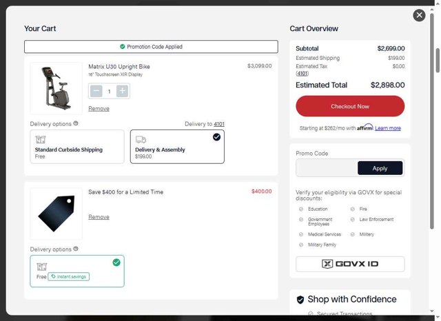 Johnson Fitness and Wellness checkout page showing Johnson Fitness and Wellness promo code box | Screenshot taken by SimplyCodes community member on Sep 2, 2025