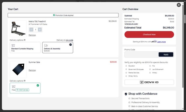 Johnson Fitness and Wellness checkout page showing Johnson Fitness and Wellness promo code box | Screenshot taken by SimplyCodes community member on Aug 6, 2025
