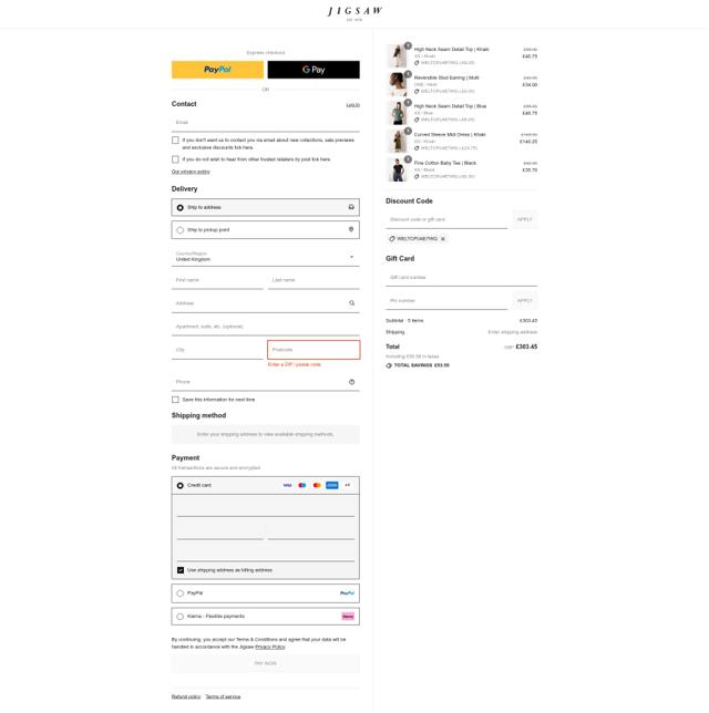 Jigsaw checkout page showing Jigsaw discount code box | Screenshot taken by SimplyCodes community member on Sep 8, 2025