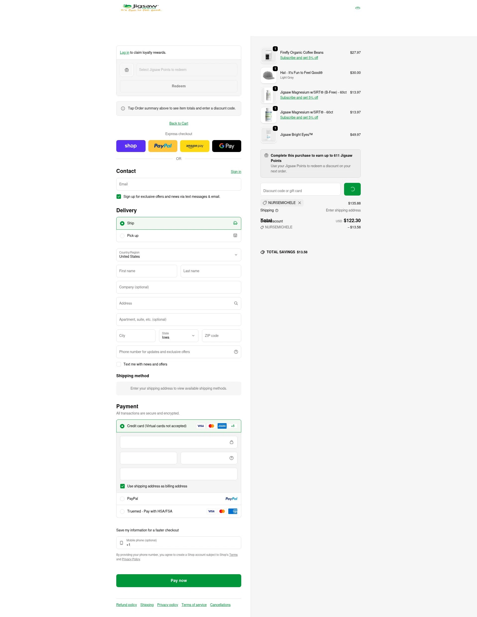 Jigsaw Health checkout page showing Jigsaw Health promo code box | Screenshot taken by SimplyCodes community member on Feb 11, 2026