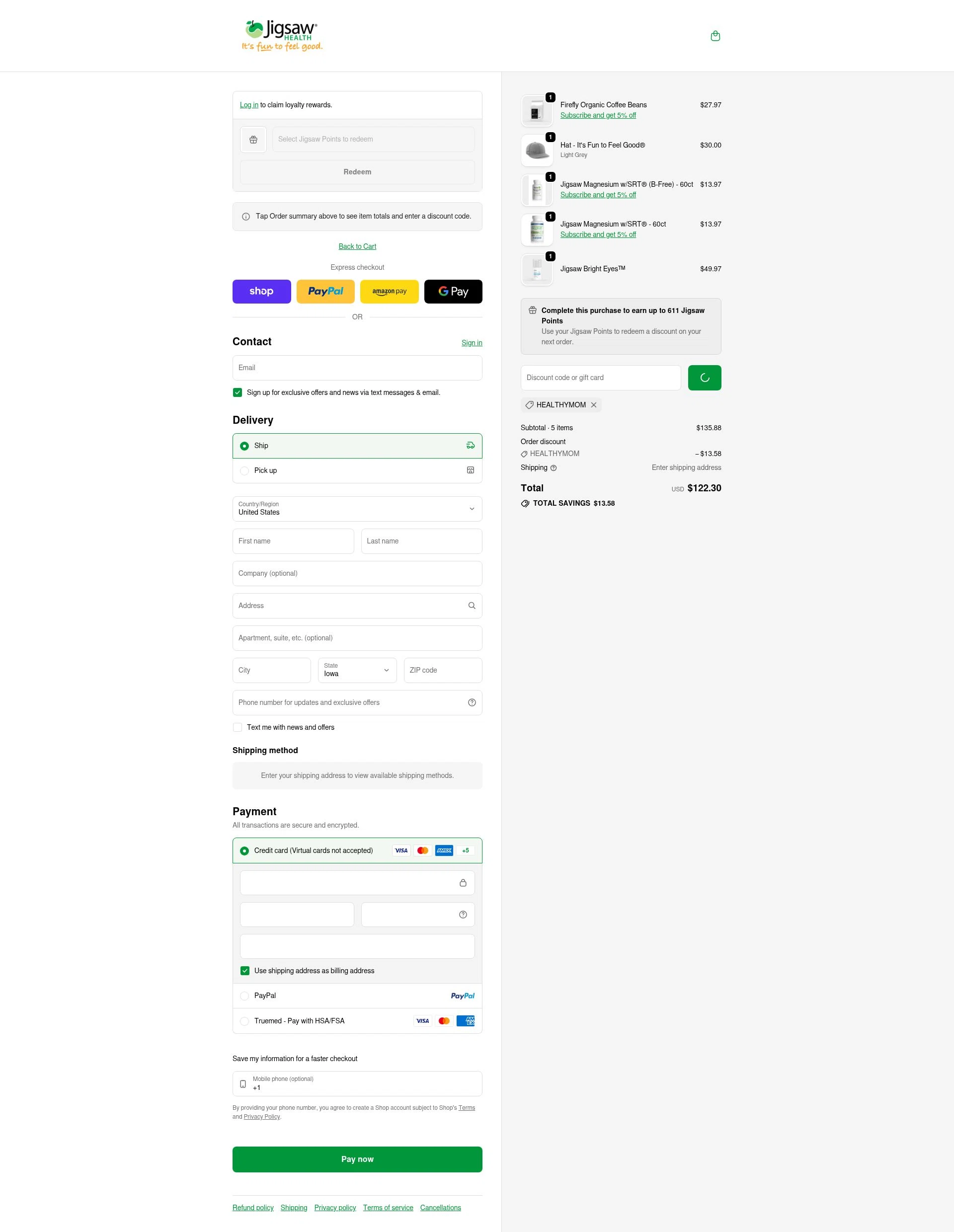 Jigsaw Health checkout page showing Jigsaw Health promo code box | Screenshot taken by SimplyCodes community member on Feb 11, 2026