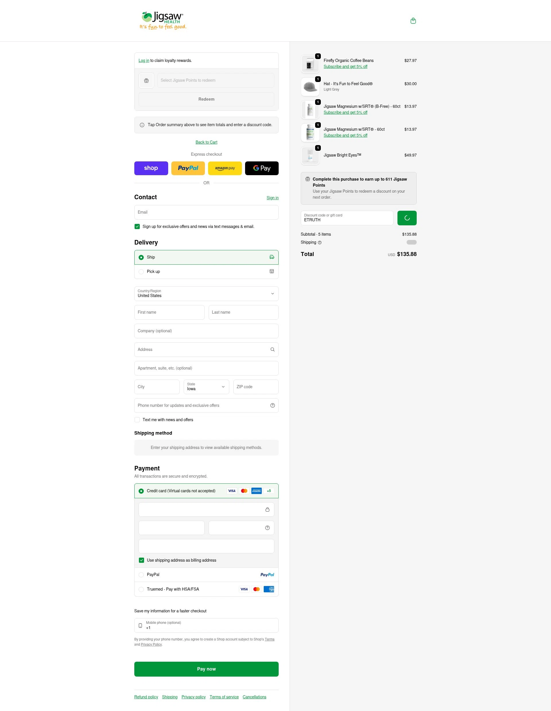 Jigsaw Health checkout page showing Jigsaw Health promo code box | Screenshot taken by SimplyCodes community member on Feb 11, 2026