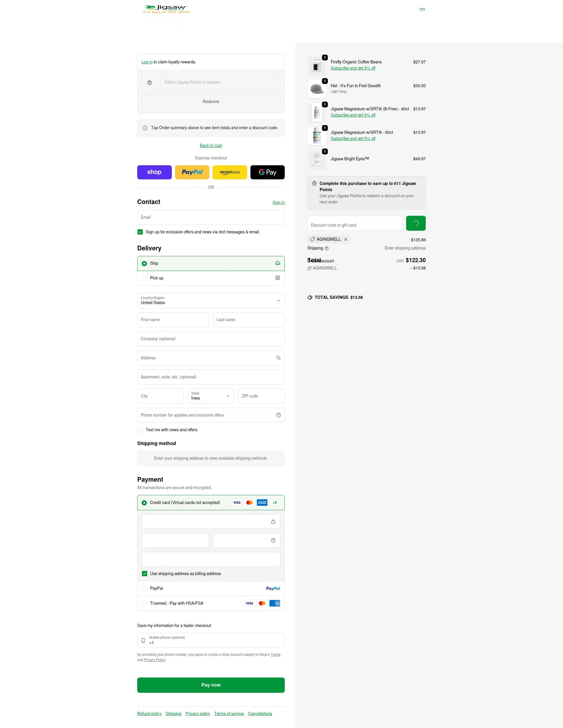 Jigsaw Health checkout page showing Jigsaw Health promo code box | Screenshot taken by SimplyCodes community member on Feb 11, 2026