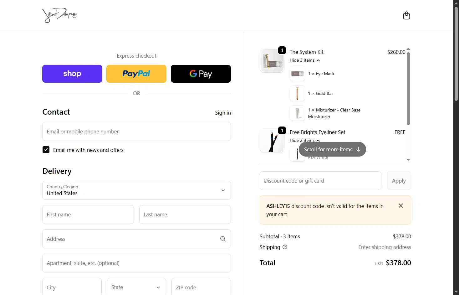 Jillian Dempsey checkout page showing Jillian Dempsey discount code box | Screenshot taken by SimplyCodes community member on Dec 29, 2025